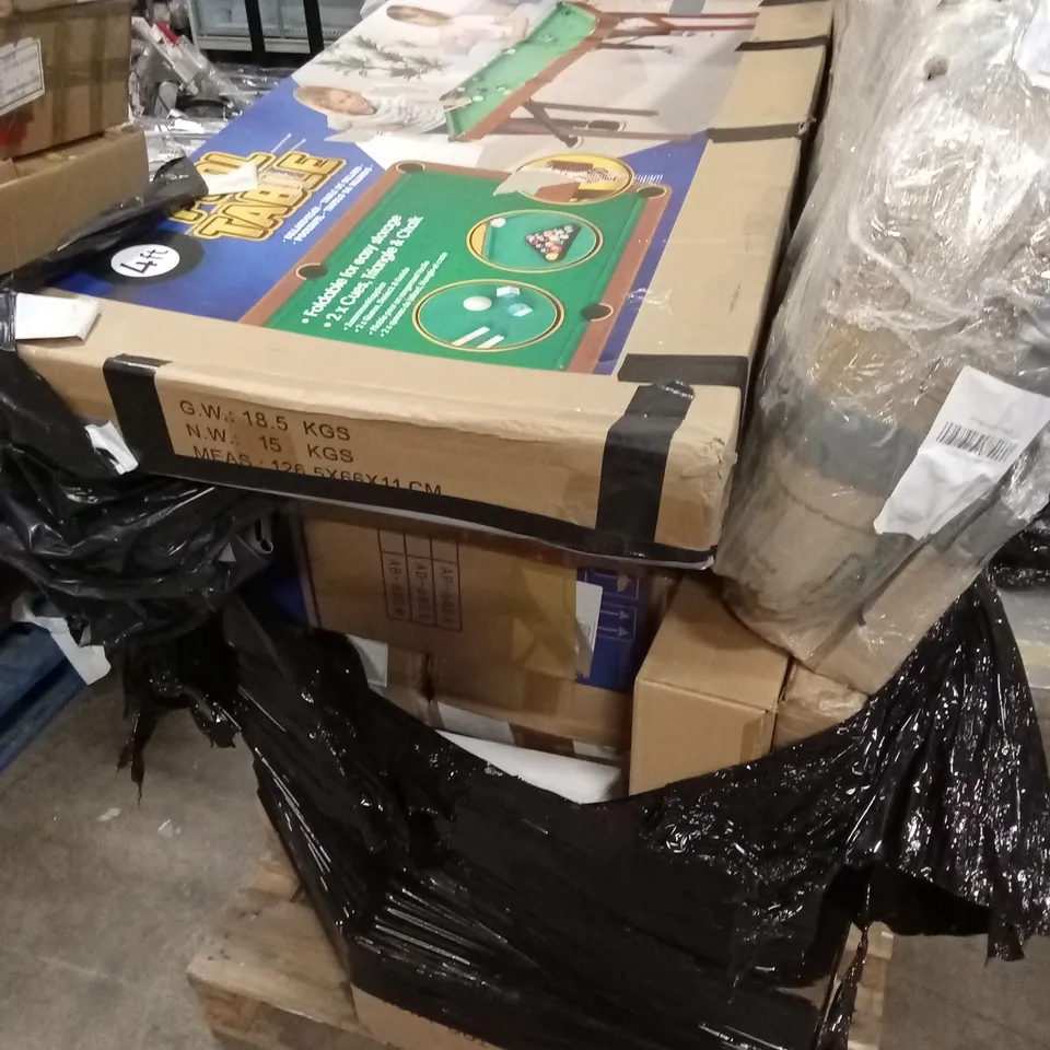 PALLET OF ASSORTED HOUSEHOLD GOODS AND PRODUCTS TO INCLUDE; KIDS POOL TABLE, WIRELESS KEYBOARD AND MOUSE, FURNITURE ETC