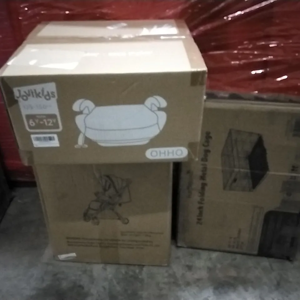 PALLET OF ASSORTED PRODUCTS AND HOUSEHOLD GOODS TO INCLUDE;24 INCH DOG CAGE,BABY PRAM,BOOSTED SEAT