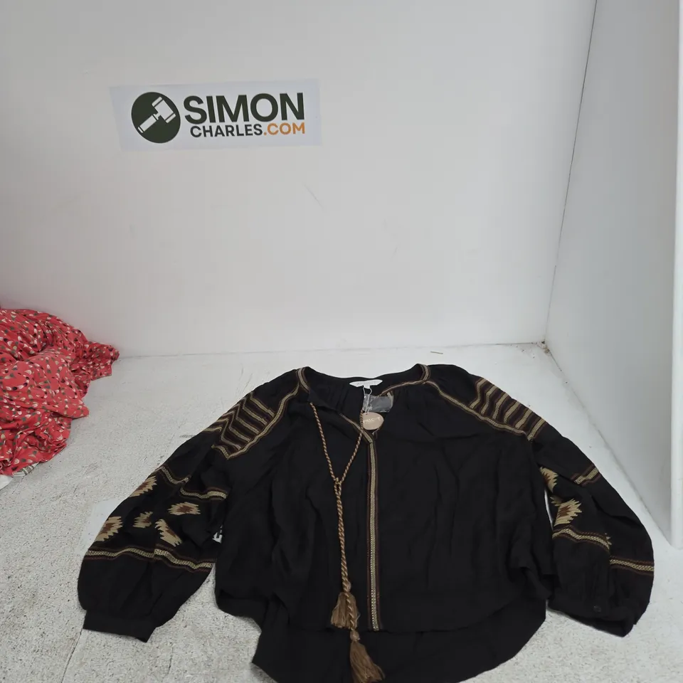 APRICOT WOMEN'S BLACK EMBROIDERED TOP WITH TASSEL TIE, UK 16