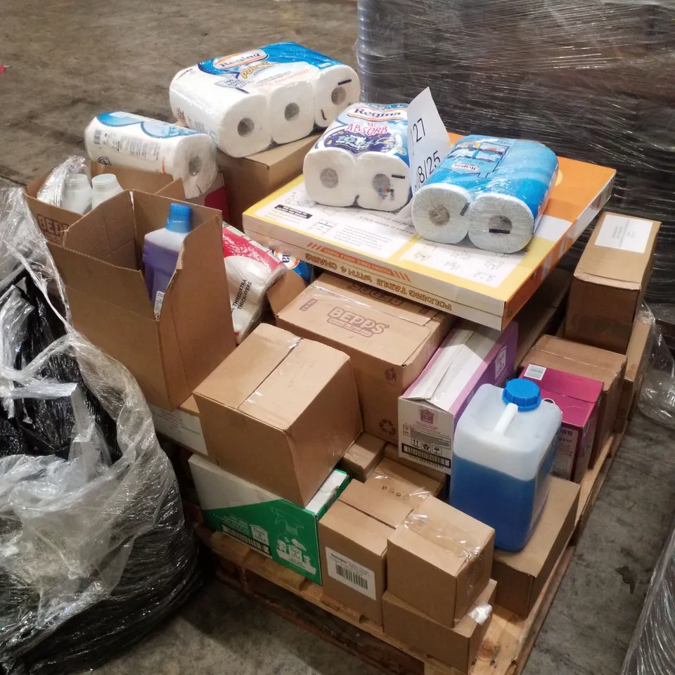 PALLET CONTAINING ASSORTED CLEANING, HOUSEHOLD, CONSUMABLES PRODUCTS INCLUDING KITCHEN ROLL LAUNDRY DETERGENT, DISHWASHER RINSE AID, PET BED REFRESHER & ANTIBACTERIAL CONCENTRATED DISINFECTANT 