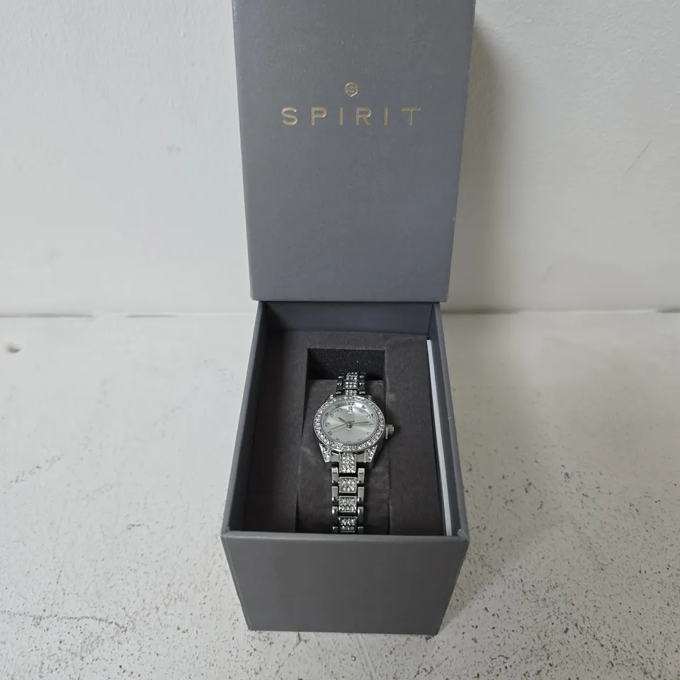 BOXED SPIRIT LADIES POLISHED PALE SILVER CRYSTAL BRACELET WATCH