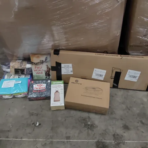PALLET OF ASSORTED ITEMS INCLUDING: CLOTHING RACK, BOOKS, BOARD GAMES, EGG CONTAINER, GIFT BAGS, SLIPPERS