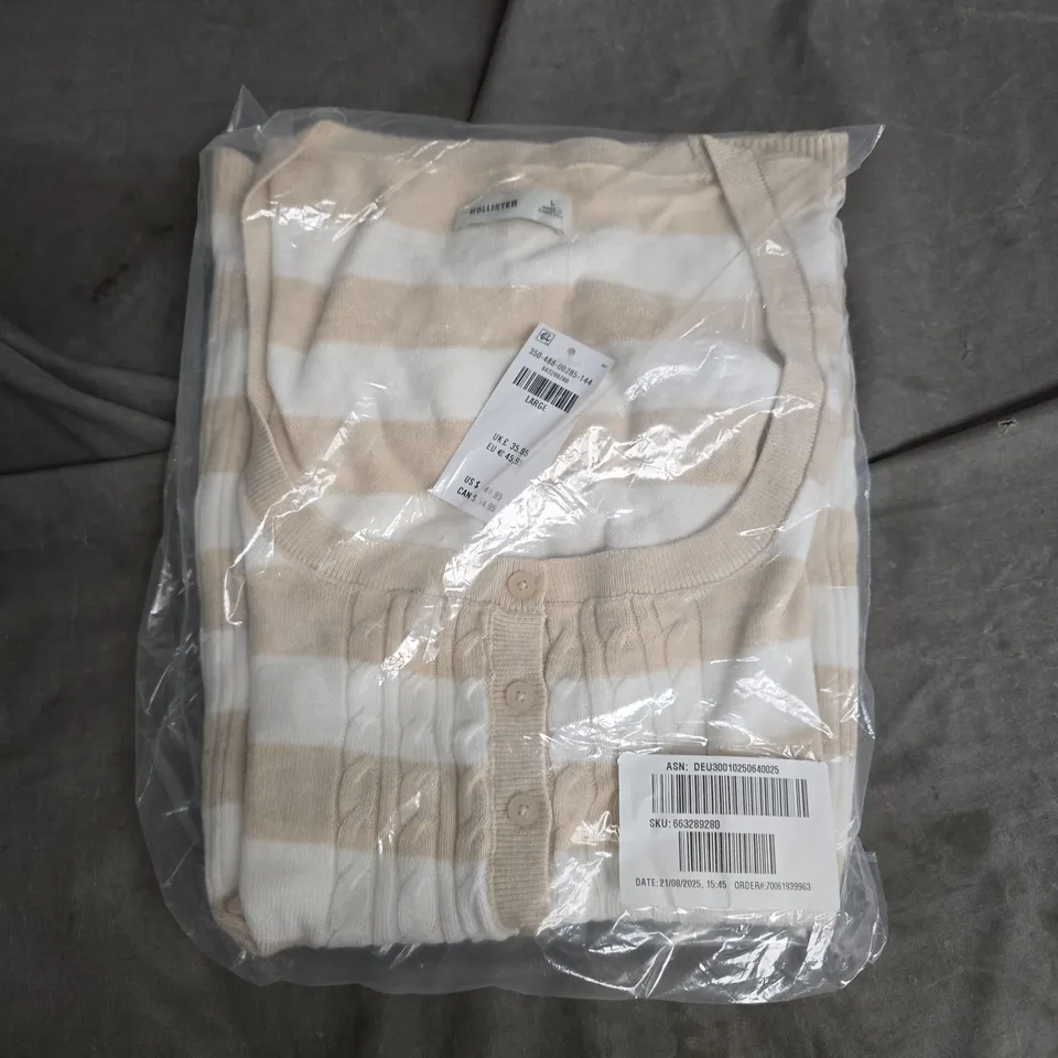 HOLLISTER STRIPED KNIT CARDIGAN – SIZE L (BEIGE & WHITE)