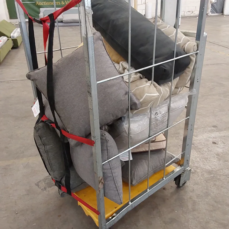 CAGE OF ASSORTED GARDEN, PATIO AND FURNITURE CUSHIONS (CAGE NOT INCLUDED)