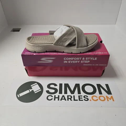 BOXED PAIR OF SKECHERS GO WALK FLEX SANDALS IN TAUPE - UK 5