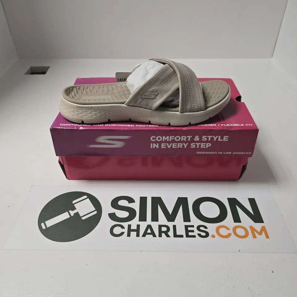 BOXED PAIR OF SKECHERS GO WALK FLEX SANDALS IN TAUPE - UK 5