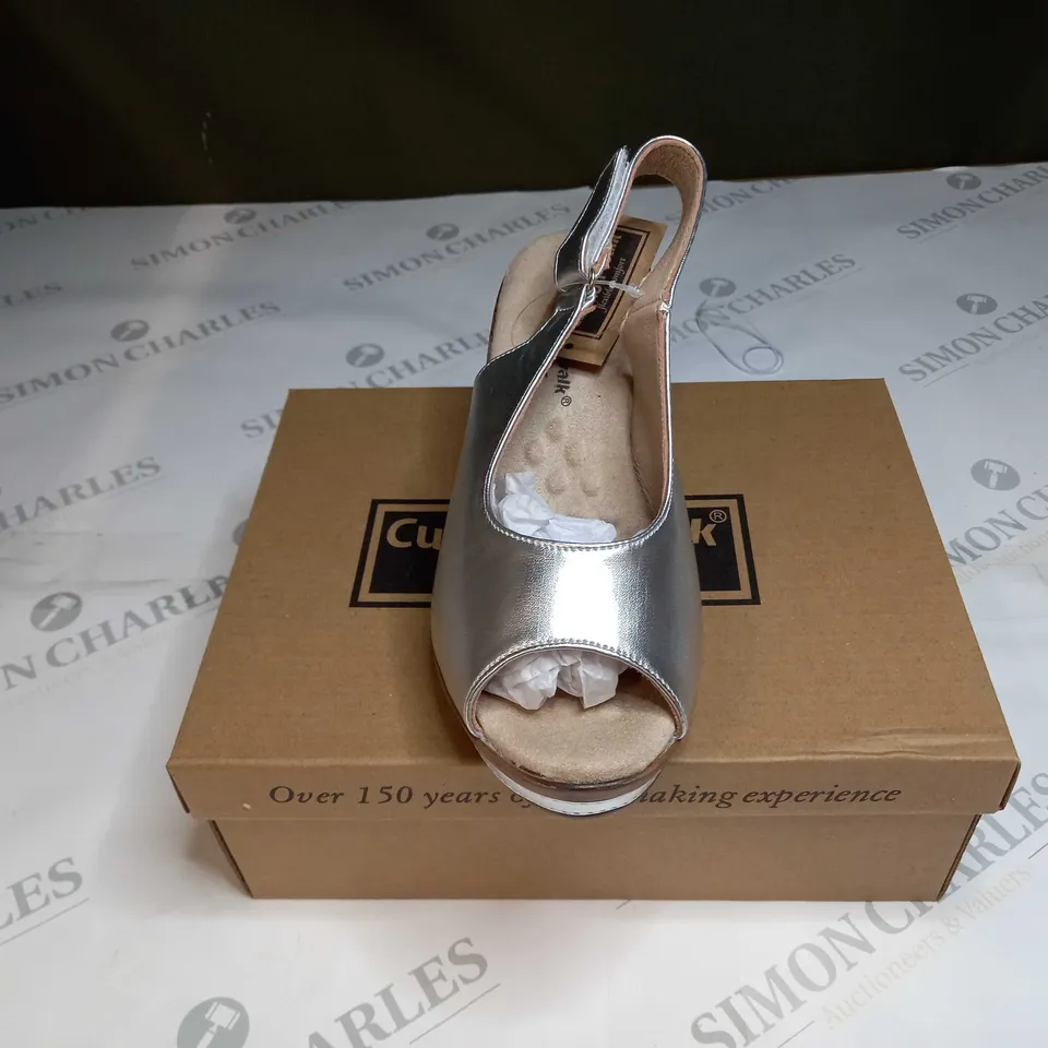 BOXED PAIR OF CUSHION WALK SILVER WEDGE HEELED SHOES - SIZE 3