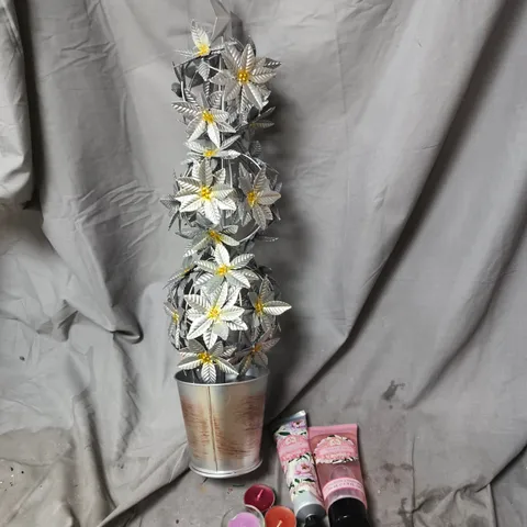 BOX OF APPROXIMATELY 20 ASSORTED HOUSEHOLD ITEMS INCLUDING METAL TREE FLOWER ORNAMENT IN POT, VARIOUS MINI CANDLES, LUXURY SHOWER GEL, LUXURY BODY CREAM ETC
