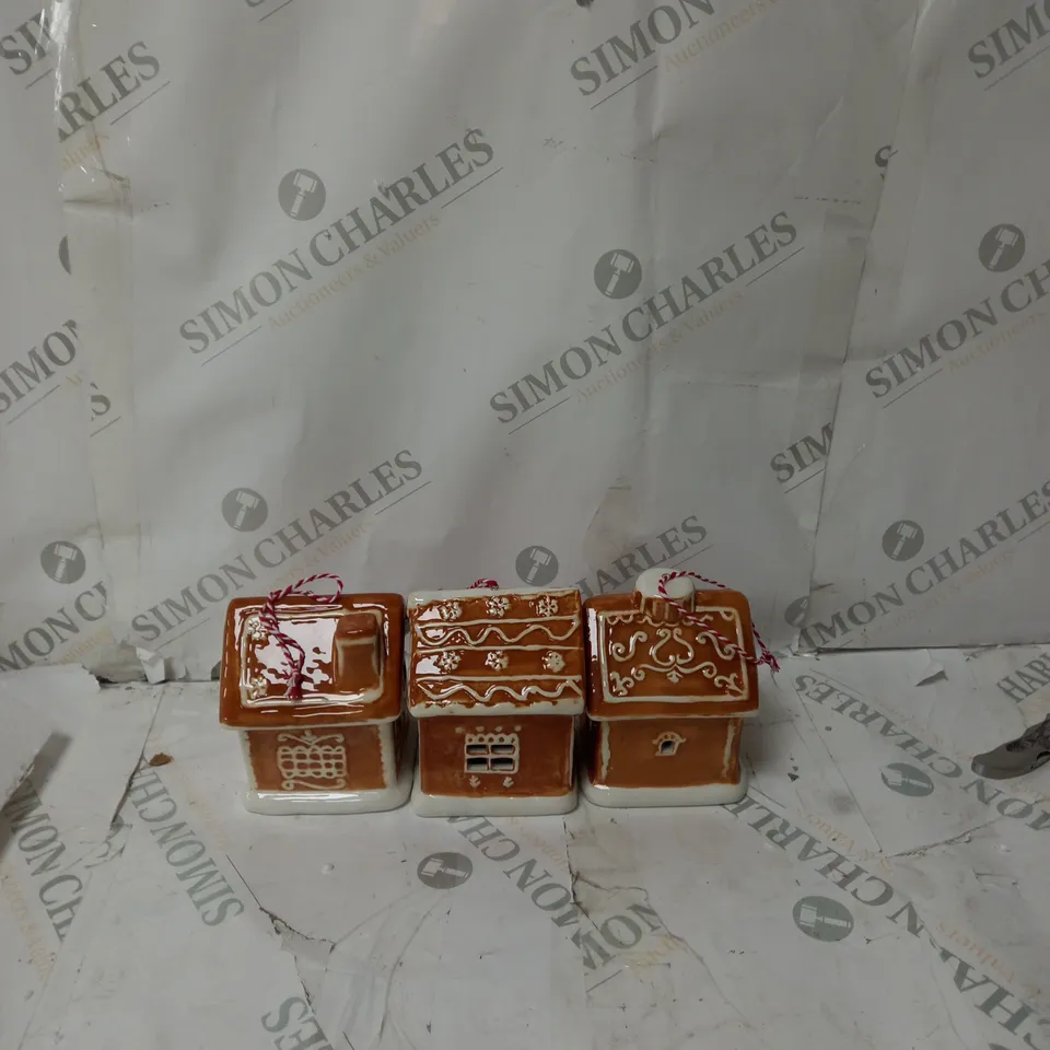 BOXED SET OF 3 PRE-LIT CERAMIC TREE HANGING GINGERBREAD HOUSES 
