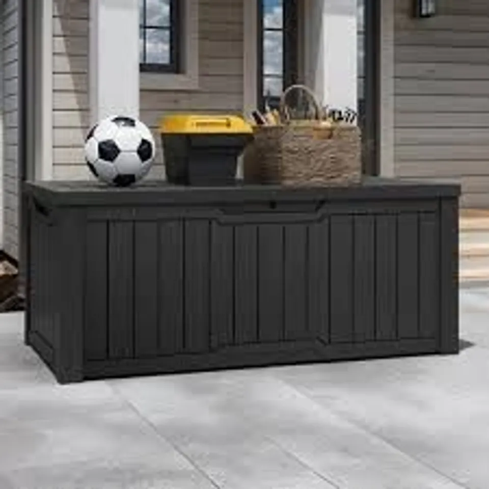 BOXED 450L LOCKABLE GARDEN STORAGE BOX, LARGE DECK BOX