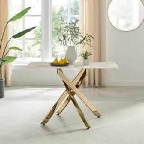 BOXED LEONARDO DINING TABLE 4 SEATER WITH GLASS MARBLE EFFECT TOP AND GOLD LEGS (2 BOXES)