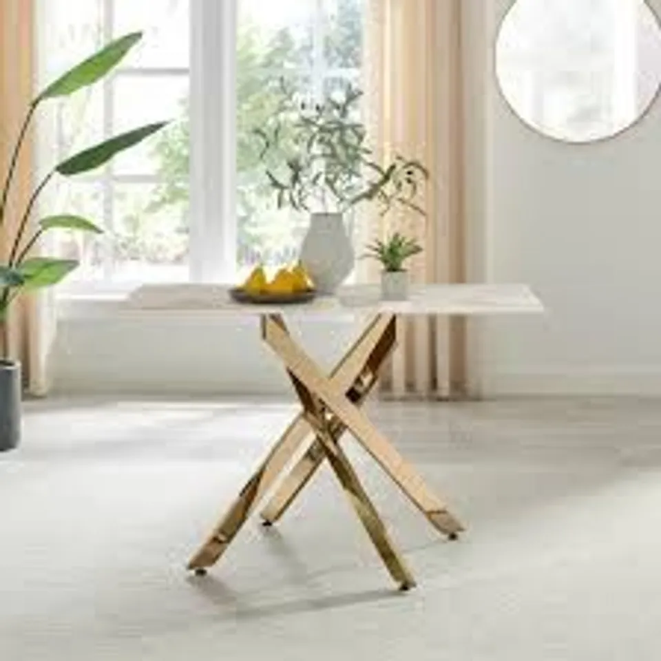 BOXED LEONARDO DINING TABLE 4 SEATER WITH GLASS MARBLE EFFECT TOP AND GOLD LEGS (2 BOXES)
