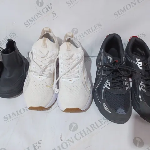 BOX OF APPROXIMATELY 20 ASSORTED PAIRS OF SHOES AND FOOTWEAR ITEMS IN VARIOUS STYLES AND SIZES TO INCLUDE ZARA, PUMA, ASICS, ETC