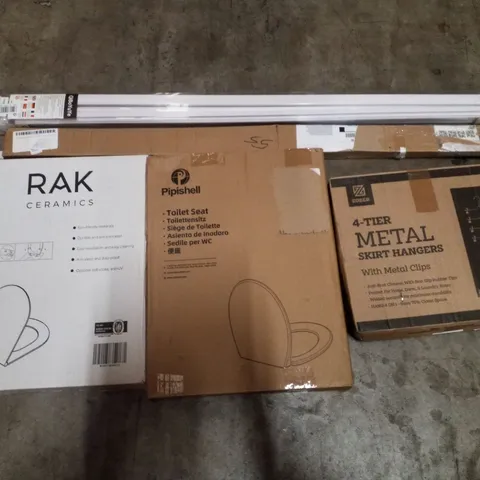 PALLET CONTAINING ASSORTED PRODUCTS INCLUDING ROLLER BLIND, 2M TELESCOPIC POLE, TOILET SEATS & 4-TIER METAL SKIRT HANGERS