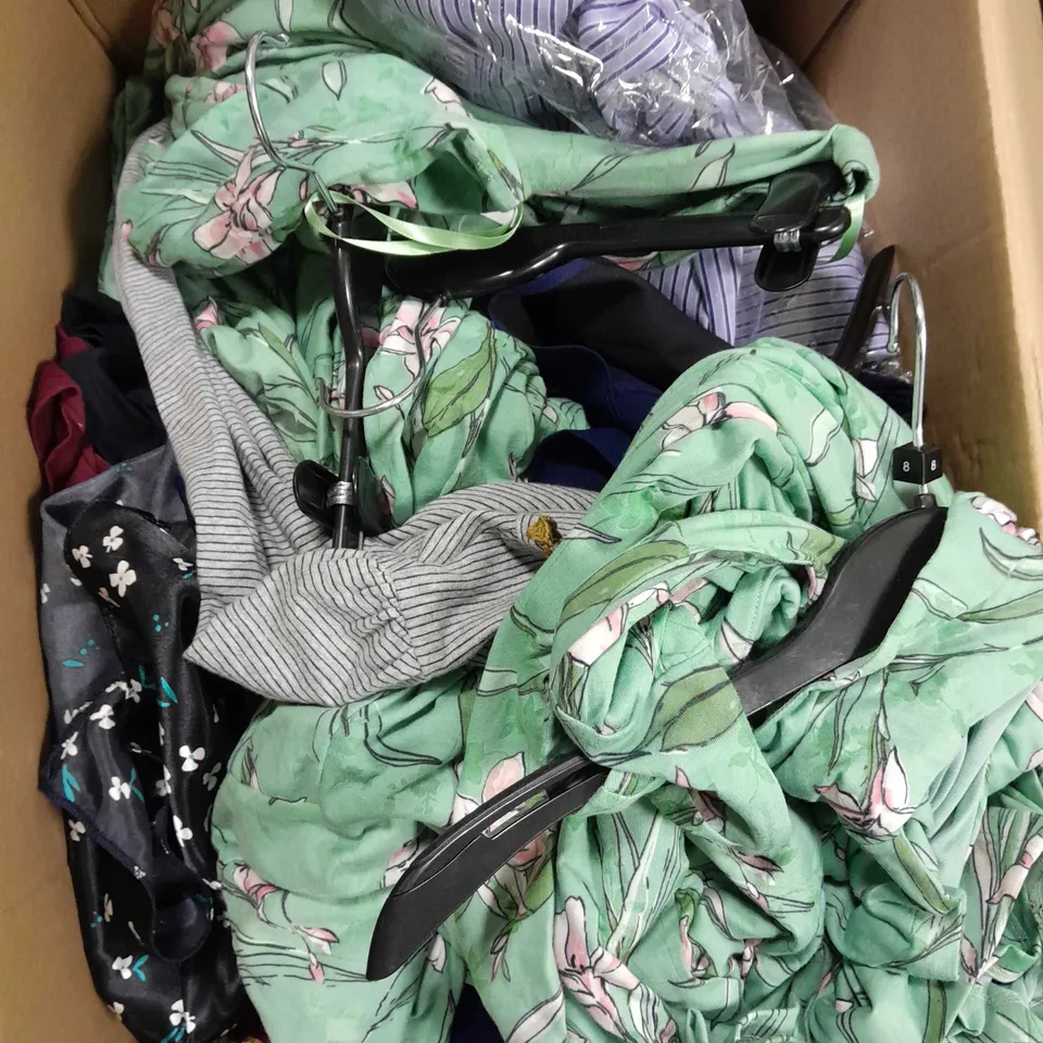 APPROXIMATELY 10 ASSORTED CLOTHING PRODUCTS IN ASSORTED STYLES & SIZES TO INCLUDE SHIRTS, DRESSES ETC