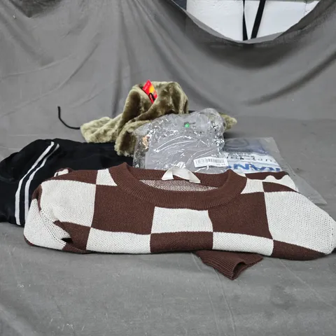 BOX OF APPROXIMATELY 20 ASSORTED CLOTHING ITEMS INCLUDING H&M BROWN/WHITE KNITTED JUMPER SIZE UK 12, MENS BLACK SPORTS SHORTS, SOVIET STYLE GREEN WINTER HAT AND GREY KNITTED BEANIE