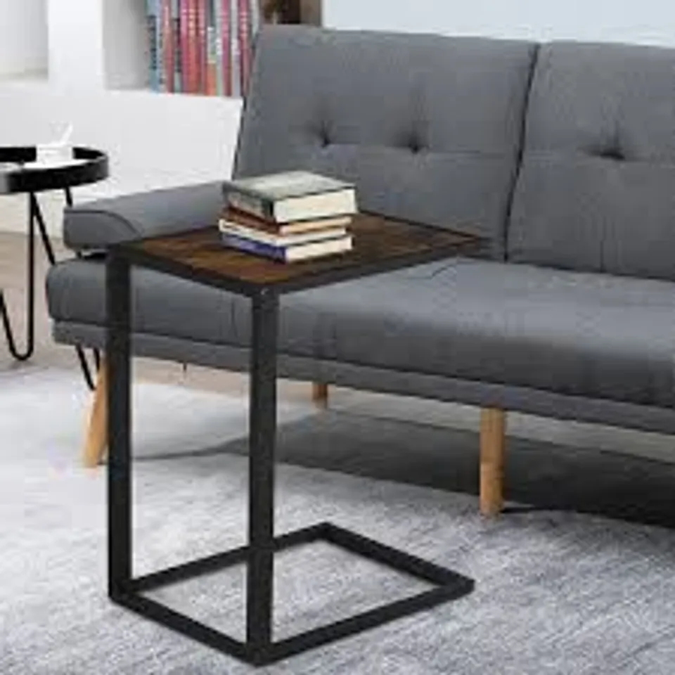 BOXED HOMCOM C-SHAPED SIDE TABLE, SOFA END TABLE WITH METAL FRAME, ACCENT COUCH TABLE FOR LIVING ROOM, BEDROOM, BROWN AND BLACK