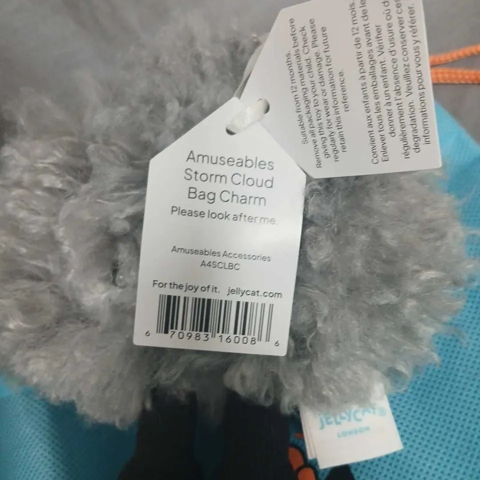 JELLYCAT AMUSEABLES STORM CLOUD BAG CHARM – GREY PLUSH WITH BLACK FEET (JELLYCAT LONDON)
