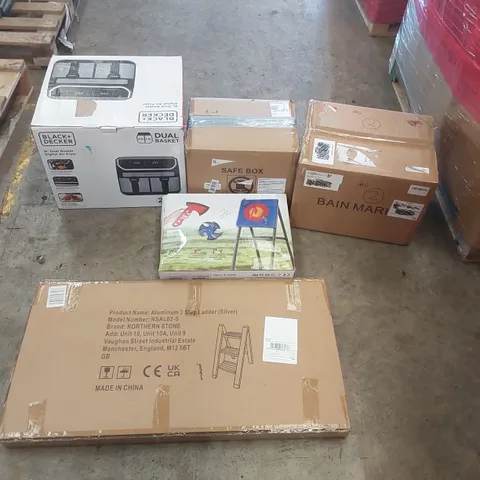 PALLET OF ASSORTED ITEMS INCLUDING: BLACK + DECKER 9L AIR FRYER, SAFE BOX, BAIN MARIE, ALUMINIUM STEP LADDER ECT