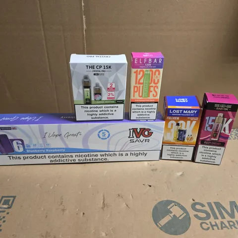 LOT OF APPROXIMATELY 20 ASSORTED ELECTRONIC CIGARETTE ITEMS TO INCLUDE IVG SAVR, ELFBAR PREFILLED POD KIT AND LOST MARY FULLVIEW KIT