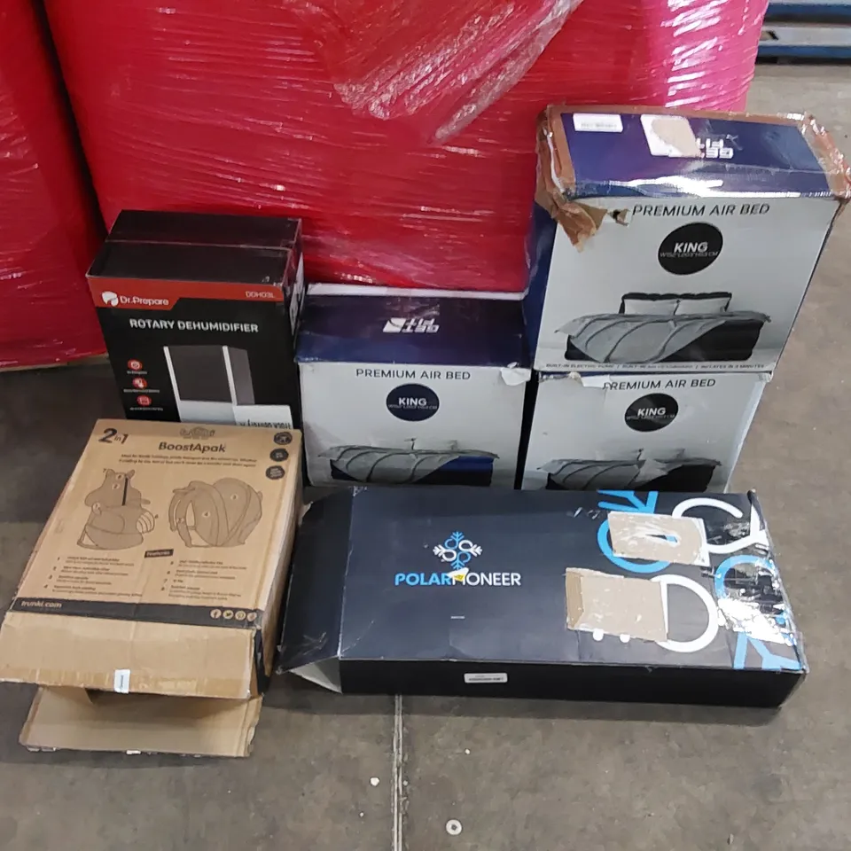 PALLET OF ASSORTED CONSUMER GOODS AND FURNITURE PRODUCTS TO INCLUDE; PREMIUM AIR BEDS, DR.PREPARE ROTARY DEHUMIDIFIER, POLAR PIONEER ICE BATH, KID'S BACKPACK ECT.