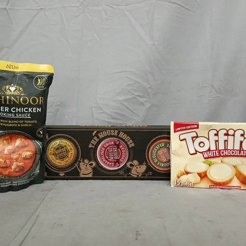 APPROXIMATELY 10 ASSORTED FOOD AND DRINK ITEMS TO INCLUDE THE HOUSE MOUSE CHEESE SELECTION, TOFFIFEE WHITE CHOCOLATE, ETC