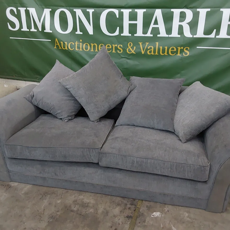 DESIGNER THREE SEATER SOFA GREY FABRIC WITH SCATTER CUSHIONS 