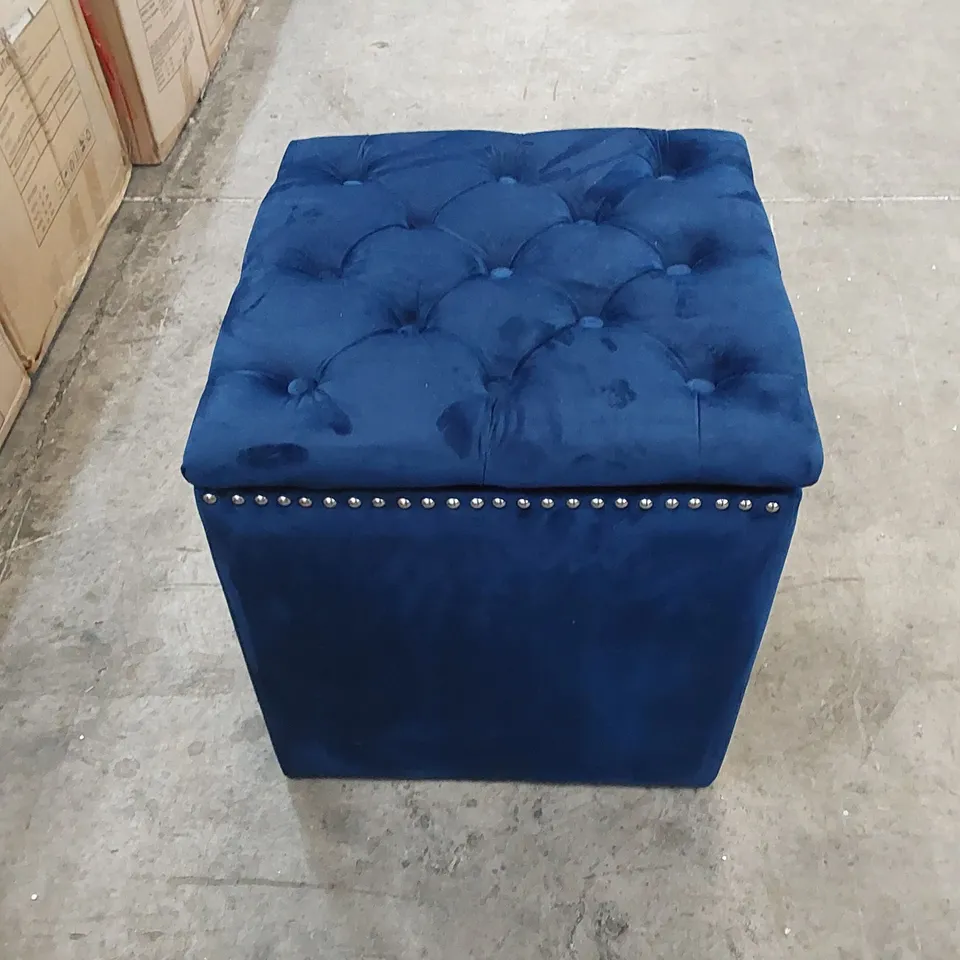 BOXED LUCCA SQUARE OTTOMAN IN ROYAL BLUE VELVET WITH ROUND CHROME KNOCKER 