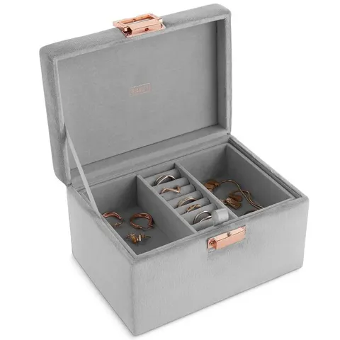 BOXED GREY VELVET JEWELLERY BOX