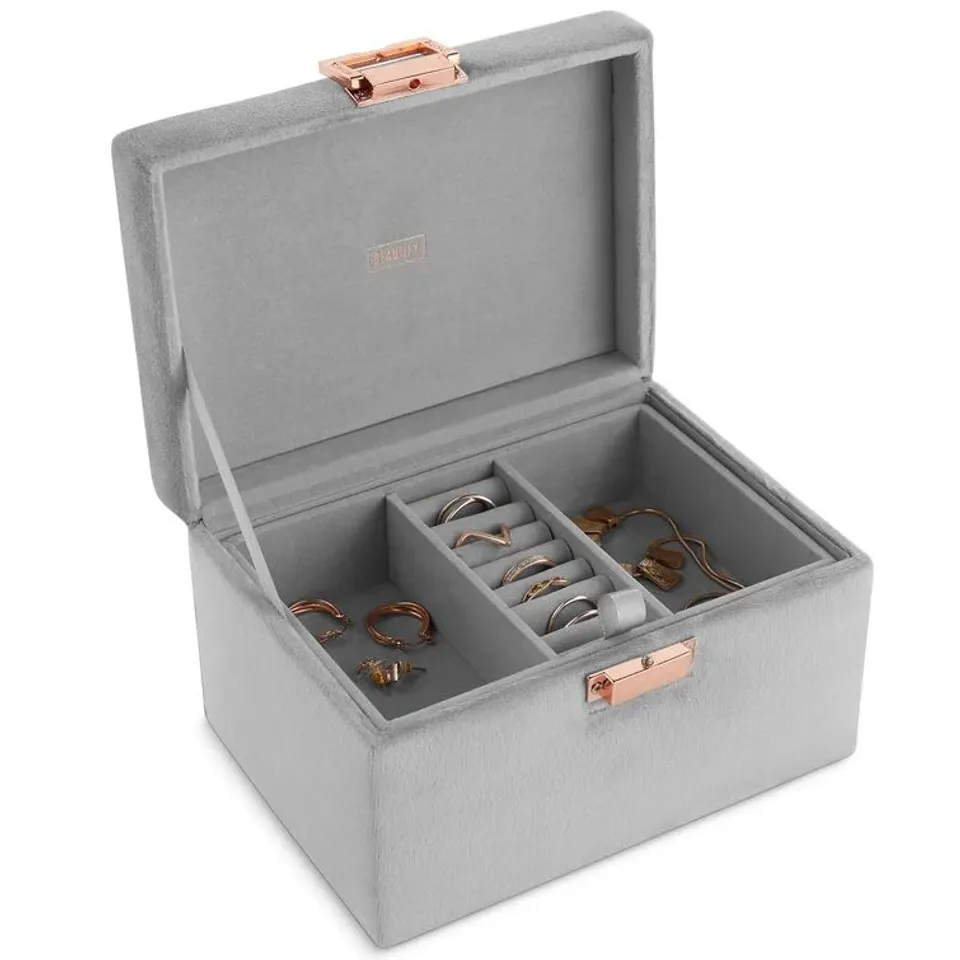 BOXED GREY VELVET JEWELLERY BOX 