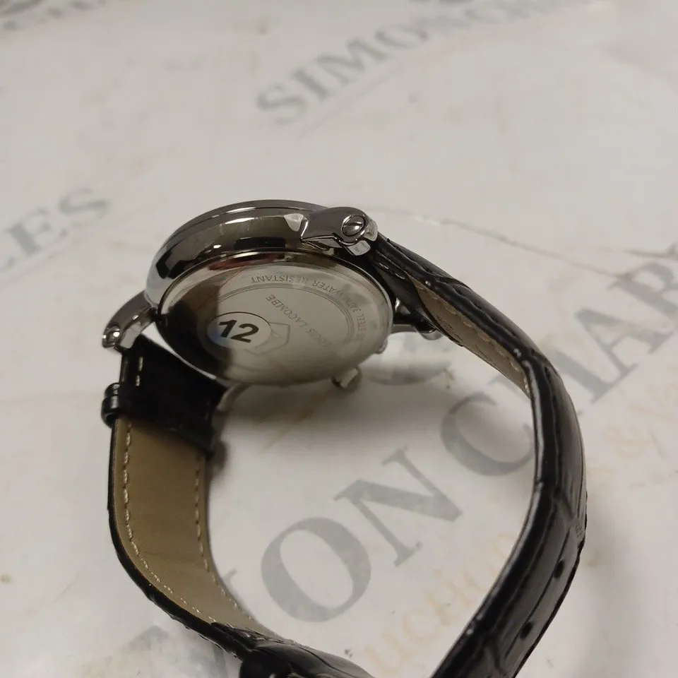 MENS LOUIS LACOMBE CHRONOGRAPH WATCH – MULTI FUNCTION DIAL WITH DATE – ROMAN NUMERAL DIAL – LEATHER STRAP