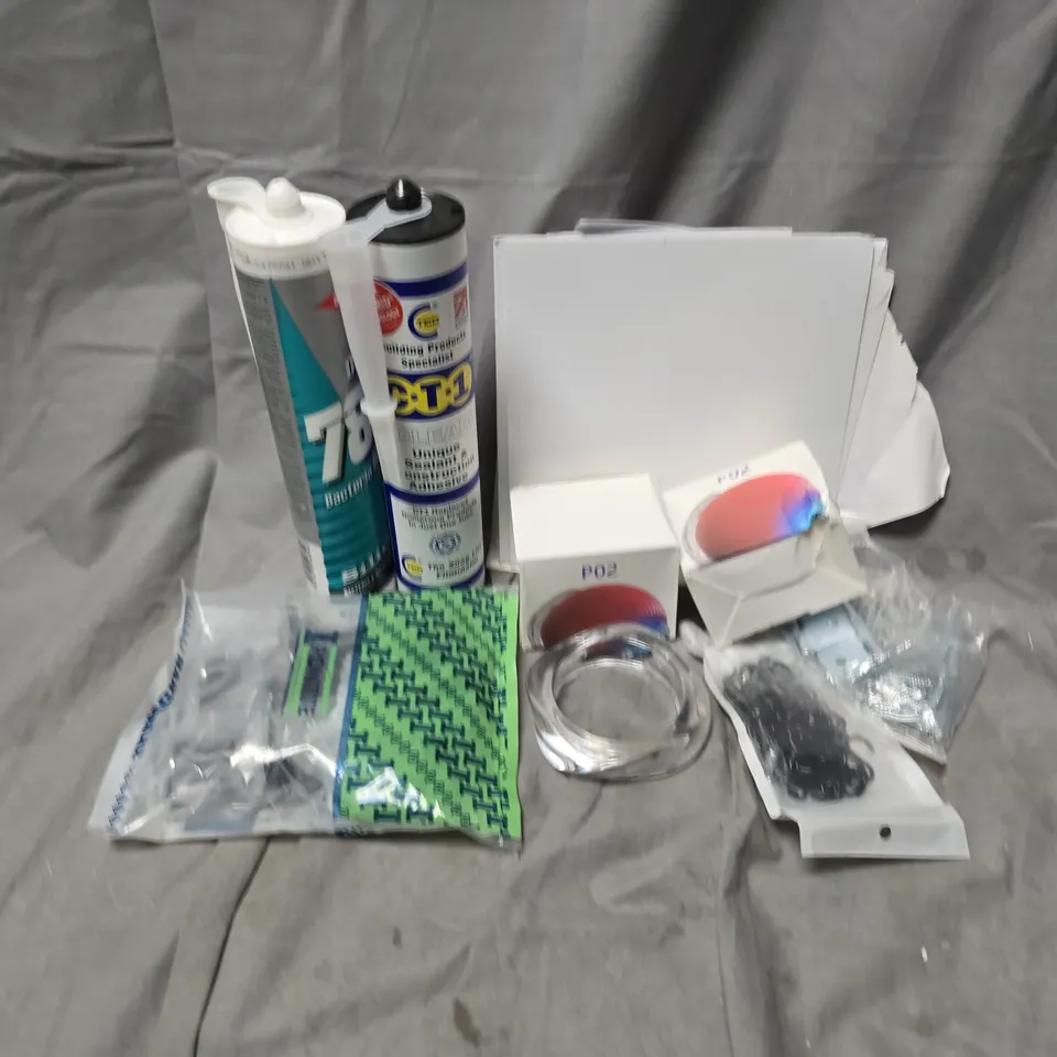 APPROXIMATELY 12 ASSORTED HOUSEHOLD ITEMS TO INCLUDE CT1 SEALANT, P02 CAT TOY, HINGES, ETC