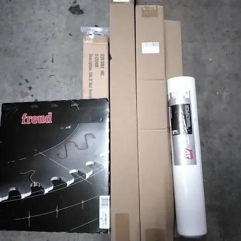PALLET OF HOUSEHOLD ITEMS TO INCLUDE SAW BLADE, BOW AND ARROW, WALL PAPER AND WINDOW FILM ECT