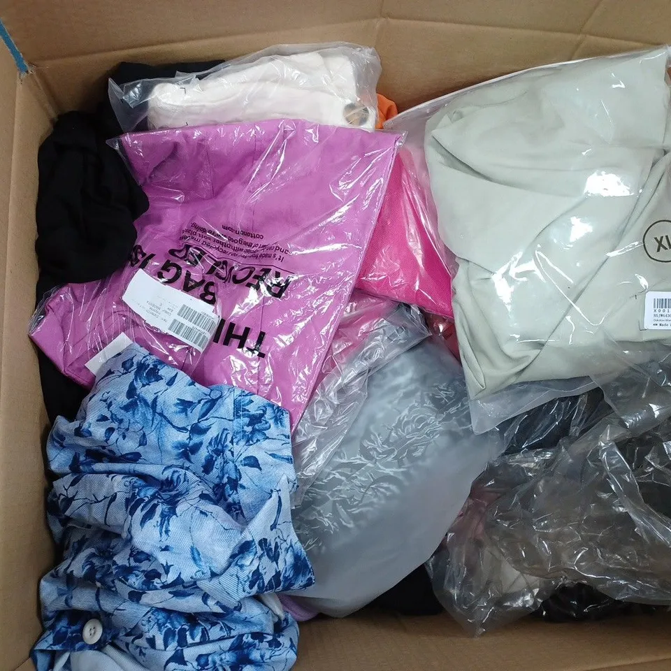  BOX OF ASSORTED CLOTHING ITEMS TOO INCLUDE DRESSES , SHIRTS AND TROUSERS IN VARIOUS SIZES AND COLOURS   