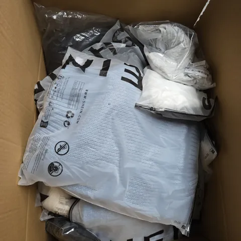 LARGE BOX OF ASSORTED CLOTHING ITEMS IN VARIOUS SIZES, STYLES AND COLOUR 