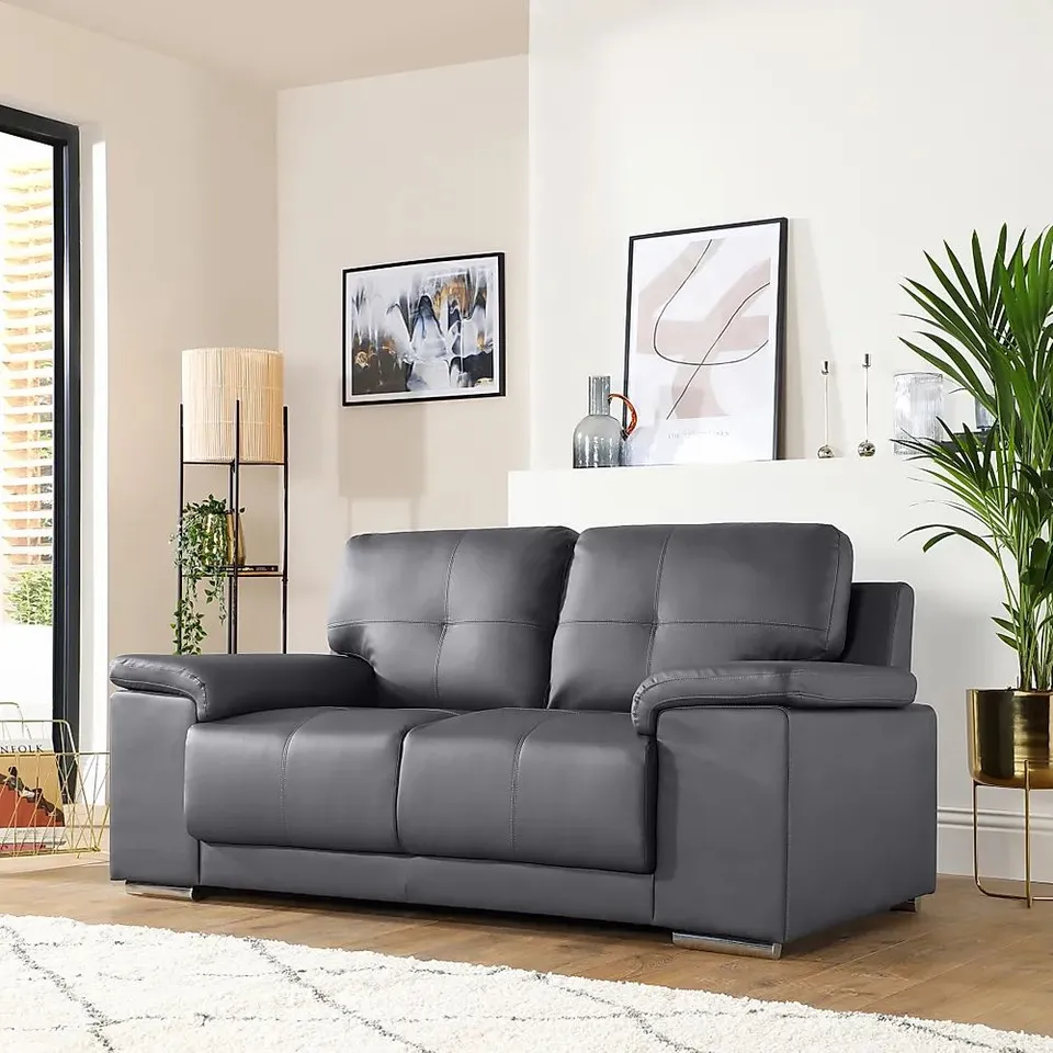 BOXED KANSAS GREY LEATHER 2 SEATER SOFA