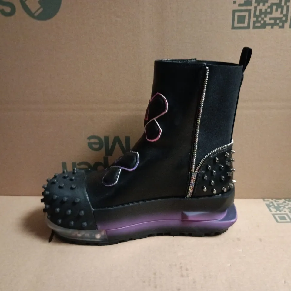 KOI BLACK STUDDED MID-CALF BOOTS WITH PURPLE TRANSLUCENT SOLE – RAINBOW LACES - UK 6