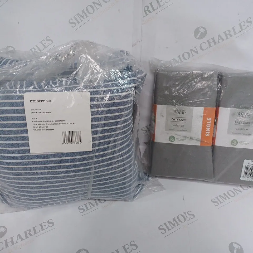 BOX OF APPROX 6 GEORGE HOME ITEMS INCLUDING RUFFLED CUSHIONS AND EASY CARE VALANCE GREY SHEETS