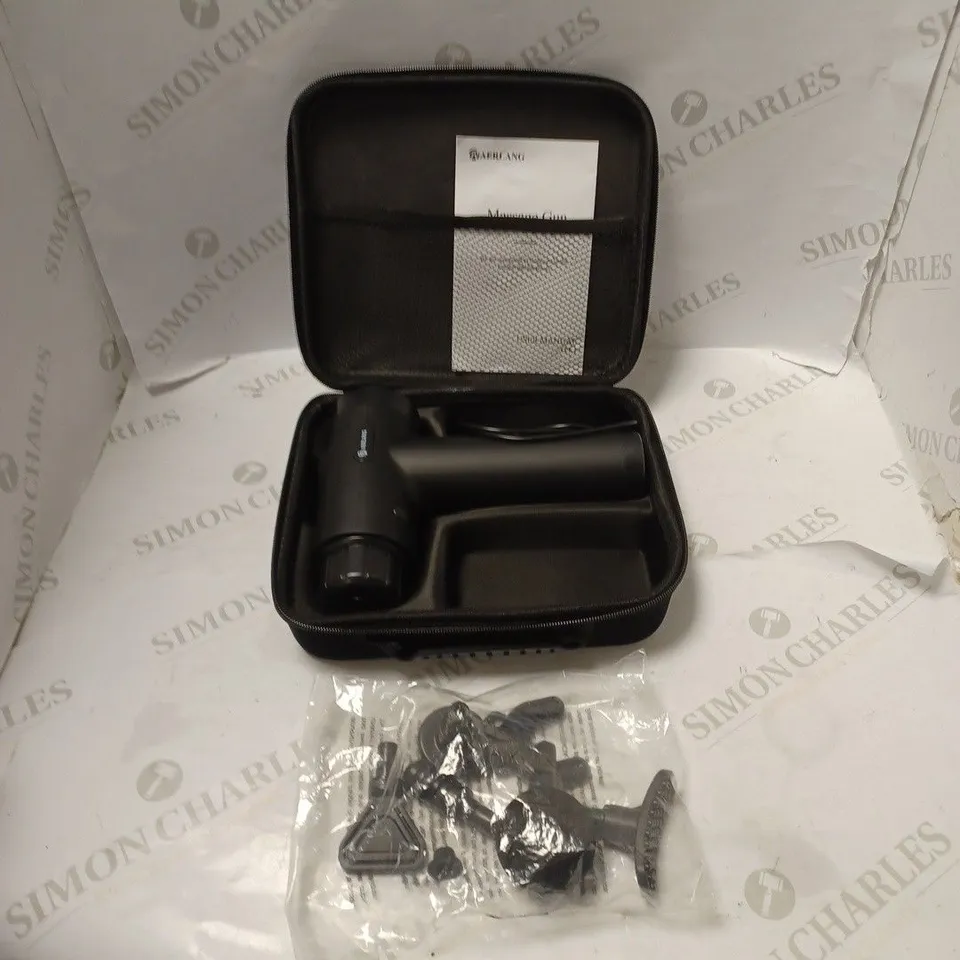 BOXED AERLANG BATTERY POWERED MASSAGER WITH CASE, ATTACHMENTS, USB CHARGING CABLE AND INSTRUCTIONS