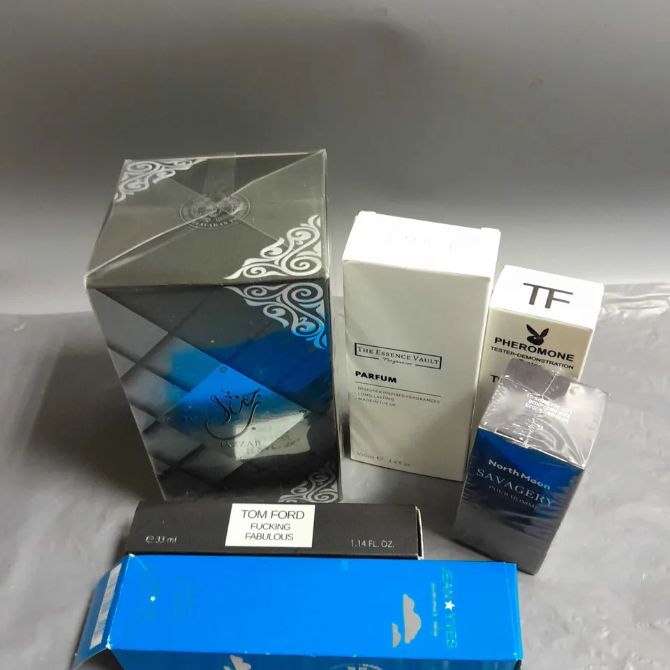 BOX OF APPROXIMATELY 6 ASSORTED BOXED FRAGRANCES TO INCLUDE - THE ESSENCE VAULT - JAZZAB EAU DE PARFUM - TOM FORD TESTER - ETC