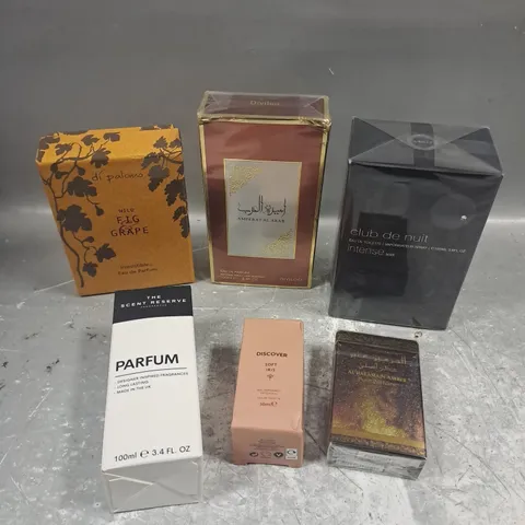 APPROXIMATELY 6 ASSORTED BOXED FRAGRANCES TO INCLUDE - DI PALOMO WILD FIG & GRAPE - DISCOVER SOFT IRIS - CLUB DE NUIT MAN - ETC