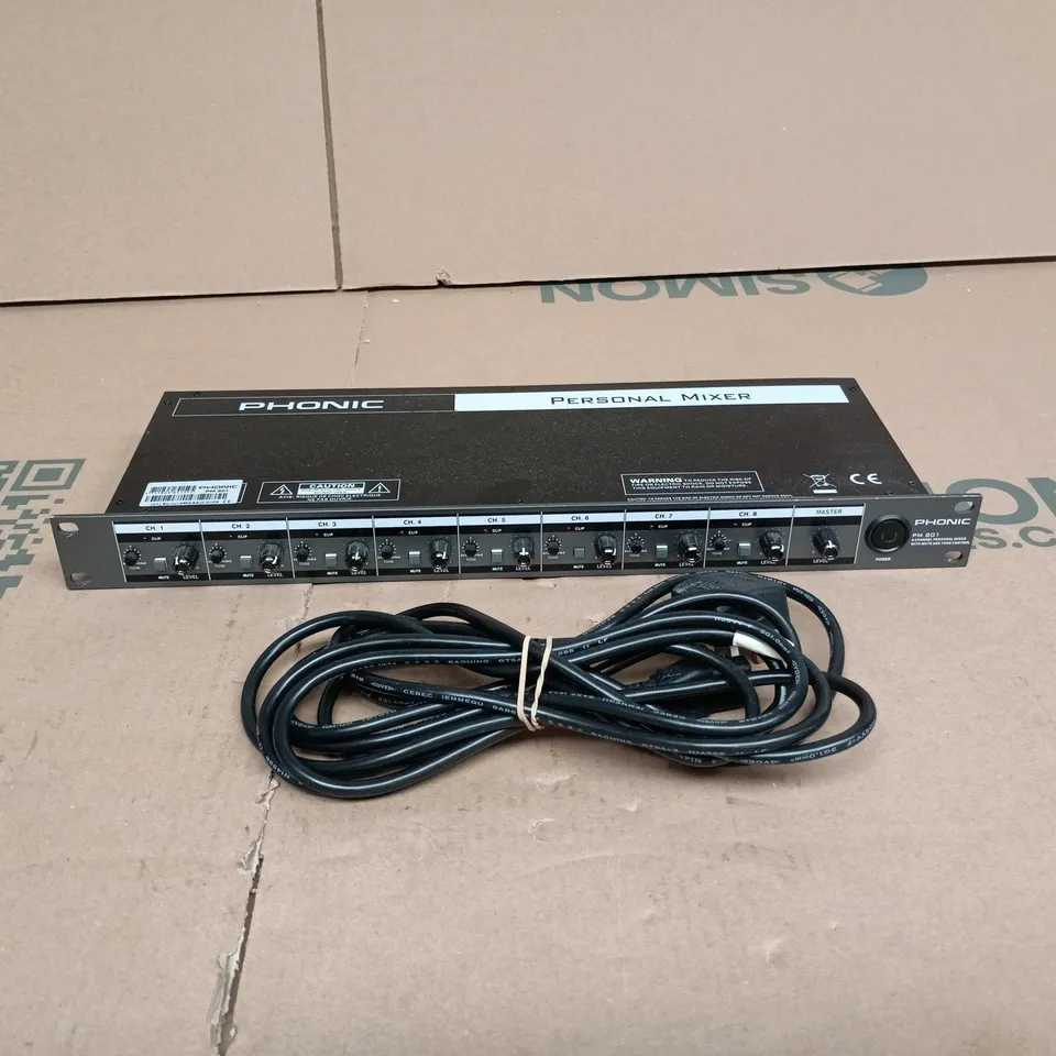 PHONIC PM 801 8 CHANNEL PERSONAL MIXER WITH MUTE AND TONE CONTROL + PLUG UNBOXED