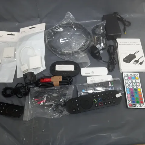 BOX OF APPROXIMATELY 8 ASSORTED ITEMS TO INCLUDE - IPAD DOCK CONNECTOR, REMOTES, AND MICRO USB ADAPTER ETC. 