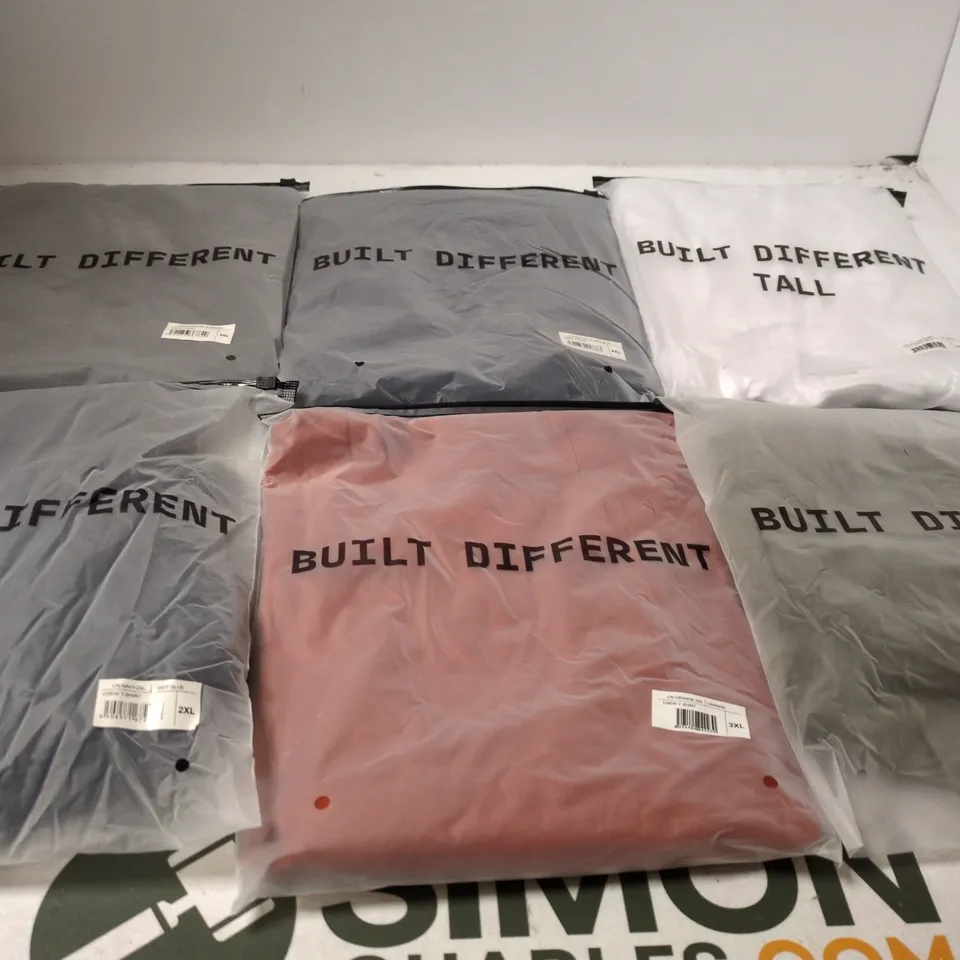 SET OF APPROXIMATELY 20 ASSORTED BUILT DIFFERENT T-SHIRTS/SHIRTS IN VARIOUS COLOURS AND SIZES 
