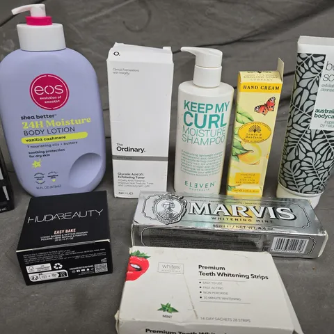 APPROX 12 ASSORTED BEAUTY PRODUCTS TO INCLUDE E.L.F MAKE-UP MIST, TEETH WHITENING STRIPS, HUDA BEAUTY EASY BAKE POWDER, ETC