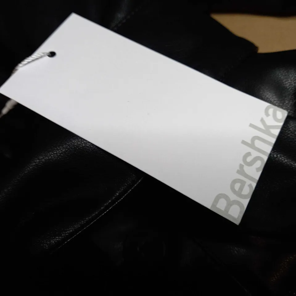 BERSHKA BLACK FAUX LEATHER/FAUX FUR TRIMMED COAT - XS
