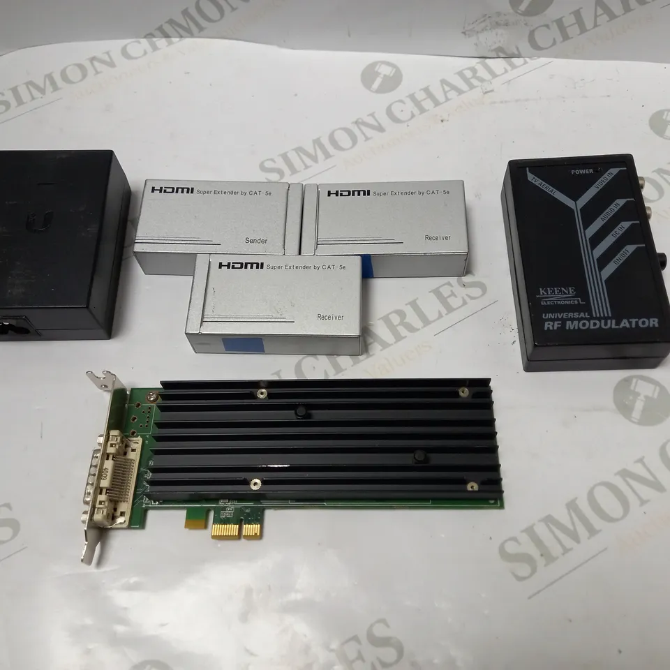 LOT OF APPROX 6 ASSORTED TECH ITEMS TO INCLUDE HDMI EXTENDERS, GRAPHICS CARD, RF MODULATOR ETC