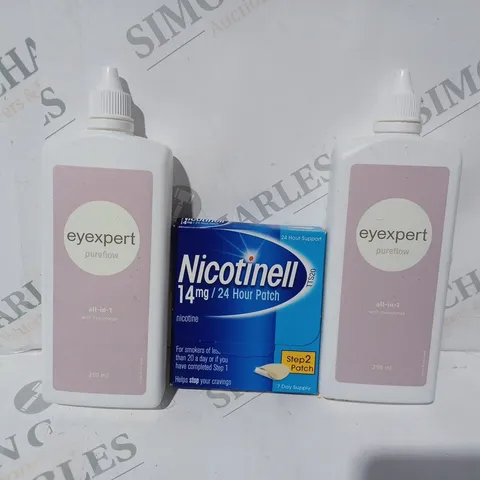 APPROXIMATELY 20 ASSORTED HOUSEHOLD ITEMS TO INCLUDE EYEXPERT PUREFLOW ALL-IN-1, NICOTINELL PATCH, ETC