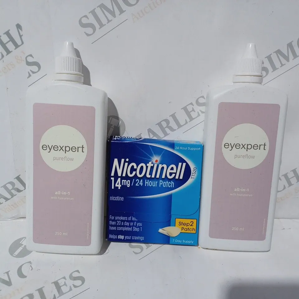 APPROXIMATELY 20 ASSORTED HOUSEHOLD ITEMS TO INCLUDE EYEXPERT PUREFLOW ALL-IN-1, NICOTINELL PATCH, ETC