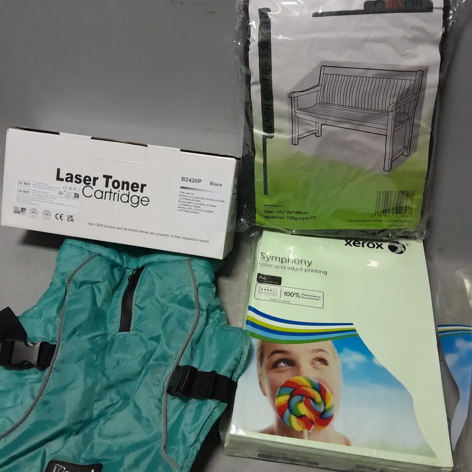 BOX OF APPROXIMATELY 8 ASSORTED ITEMS TO INCLUDE - LASER TONER CARTRIDGE ,  DOG COAT , A4 PAPER 